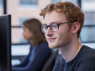 Poster - Focused Office Worker Collaborating on Project in Modern Workspace Amidst Dynamic Environment