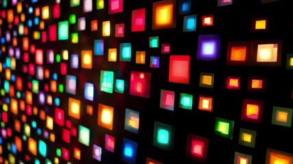Poster - Colorful neon squares move towards the viewer in an abstract visual display highlighting vibrant interactions, Neon squares moving to the camera, vj video