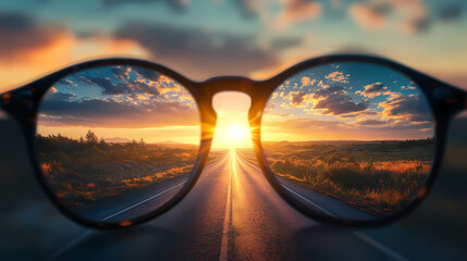Wall Mural - glasses, the road is seen in sharp focus, leading towards a bright sunset in the distance clearly se
