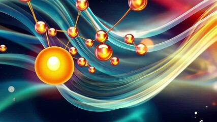 Poster - Molecules dancing over a vibrant, waving, multi-colored background illustrating molecular interactions, molecules moving over waving multi coloured background
