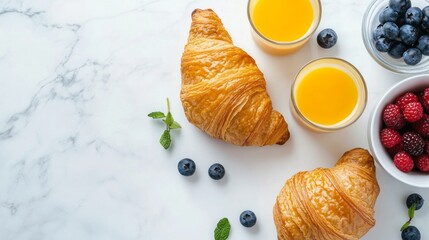 Poster - Golden croissants sit alongside vibrant bowls of fresh raspberries and blueberries, accompanied by two glasses of bright orange juice, creating a tempting breakfast spread