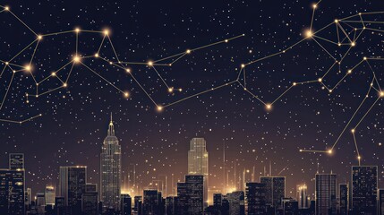 Poster - Night city skyline connected by golden lines, starry sky, abstract technology, background image, for design inspiration