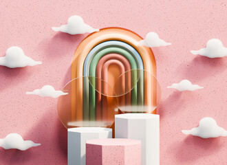 Poster - Podium Minimal For Product Display Showcase with Cloud and Colorful Arc Pink Background 3D Rendering	