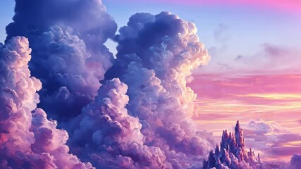 Poster - Dramatic cloud formations at sunset with vibrant colors and distant mountain peaks rising through the mist, clouds backgrounds dramatic