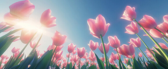 Poster - View of a field of pink tulips under a bright sky with sunlight shining through, symbolizing spring, growth, renewal, and natural beauty.