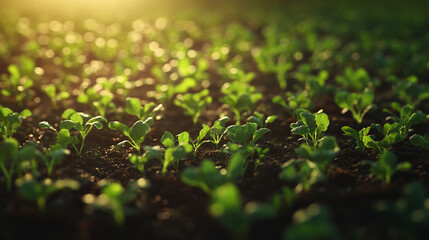 Poster - Close-up of young green plants growing in soil with sunlight shining on them, symbolizing growth, new beginnings, and the process of farming or agriculture.