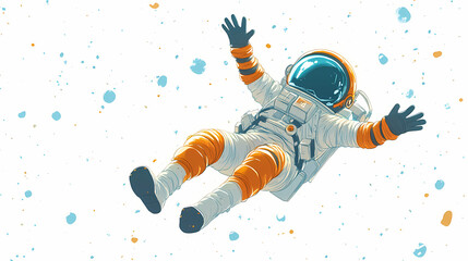 Wall Mural - a cartoon astronaut joyfully floating in zero gravity against a white backdrop, exploring the vastne