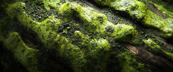 Poster - Close-up of green moss covering a textured tree bark, showcasing the details of nature, growth, and the natural environment, symbolizing resilience and life.