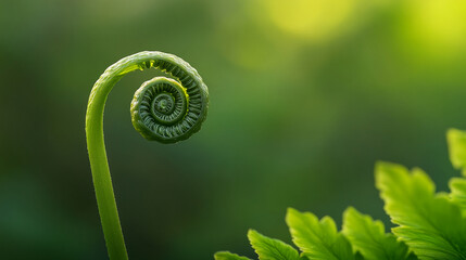 Poster - Close-up of a green fern frond in a spiral shape, showcasing the natural unfolding process of the plant, symbolizing growth, renewal, and the beauty of nature.