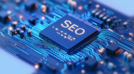 Poster - Seo chip glowing on futuristic circuit board optimizing website traffic