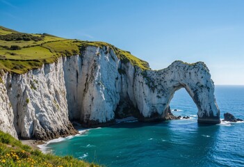 Poster - Coastal Arch Majesty. A Stunning Landscape Showcases A Bright White Rock Formation Against Steep Cliffs, Illuminated By Sunlight. Vivid Blue Water And Green Grass Create A Beautiful, Peaceful Scene.