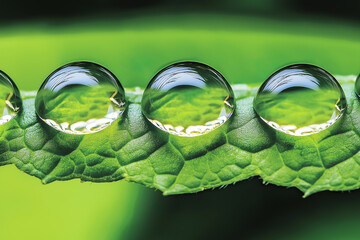 Poster - Dew drops reflecting light on vibrant green leaf