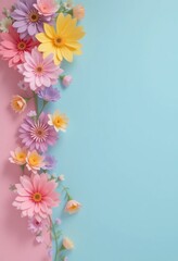 Poster - Floral Cascade With Pastel Palette. Pink, Yellow, Lavender Blooms. A Gentle Springtime Scene With Soft Lighting. Freshness And Serenity Captured In Floral Design.