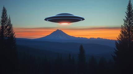 Aufkleber - Ufo flying over mountains at sunset: extraterrestrial concept