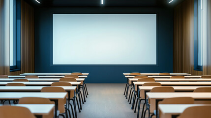 Poster - Modern classroom with projection screen and wooden walls, ideal for learning and studying