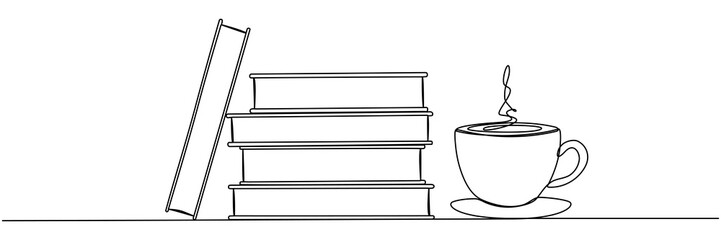 Poster - Books stack with cup of coffee continuous one line art drawing. Wisdom concept. Vector illustration isolated on white.