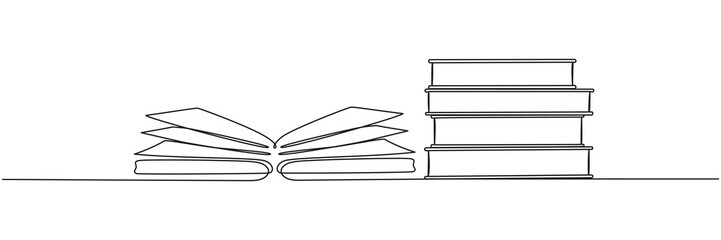 Poster - Stack of books with open book continuous line drawing. School education concept. Vector illustration isolated on white.