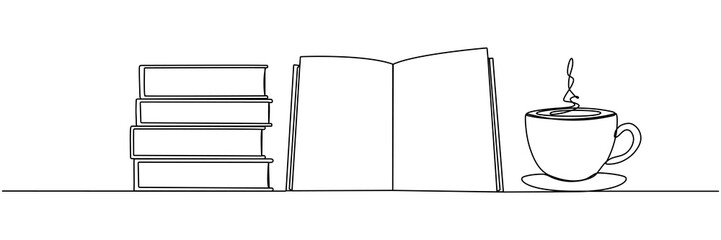 Poster - Books stack with cup of coffee continuous one line art drawing. Wisdom concept. Vector illustration isolated on white.