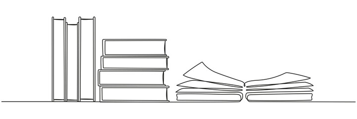 Poster - Stack of books with open book continuous line drawing. School education concept. Vector illustration isolated on white.
