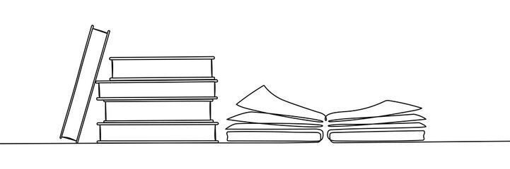 Poster - Stack of books with open book continuous line drawing. School education concept. Vector illustration isolated on white.