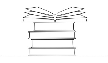 Poster - Stack of books with open book continuous line drawing. School education concept. Vector illustration isolated on white.