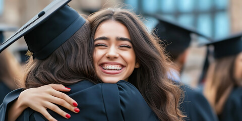 Poster - Two young women embracing, celebrating their graduation day
