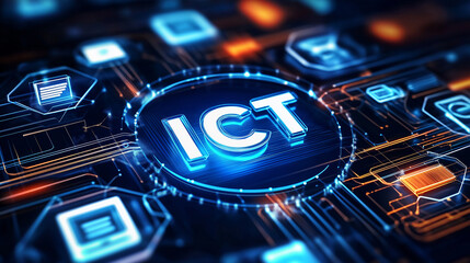 Leinwandbilder - Information and communications technology ict glowing on futuristic electronic circuit board
