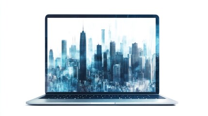 Poster - Laptop screen displays cityscape, digital art, urban scene, possible use in technology, business, or design