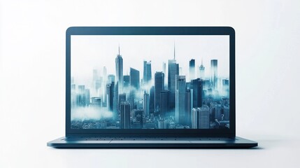 Poster - Laptop displaying city skyline, possible use for technology
