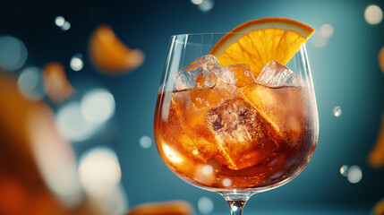 Poster - Glass of aperol spritz cocktail with ice cubes and orange slice splashing on blue background