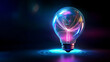 © Andres Mejia - Bright light bulb floating on blue and pink neon swirls generating innovative idea