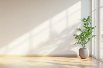 Aufkleber - Minimalist interior with a white wall, wooden floor, and a potted green plant near a bright window, casting soft natural shadows. Ideal for design, decor, and background concepts