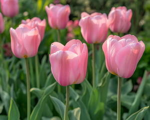 Poster - Close-up view of pink tulips in a garden, showcasing their delicate petals and vibrant color, symbolizing spring, renewal, and nature's beauty.