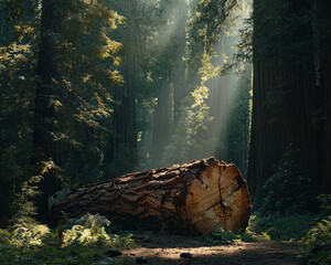 Aufkleber - Fallen tree trunk in a forest with sunlight streaming through the trees, creating a serene atmosphere and showcasing the beauty of nature, growth, and the cycle of life.