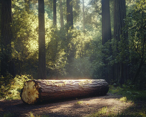Poster - A large fallen log illuminated by soft sunlight in a dense forest with towering trees, symbolizing nature's tranquility, regeneration, and the beauty of untouched wilderness.