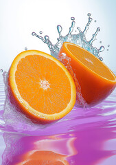 Poster - Two slices of orange splashing in purple water