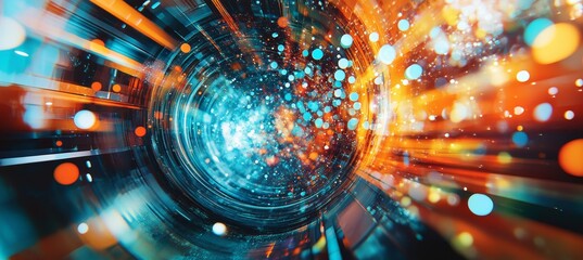 Poster - abstract energy vortex teal, blue, and orange geometric abstraction with bokeh and light beams