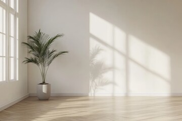 Aufkleber - Minimalist room with a white wall, wooden floor, and a potted green plant near a window, casting soft natural shadows. Ideal for design, decor, and background concepts