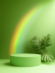 Poster - Green podium displaying cosmetics with monstera plant and rainbow