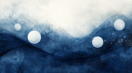 Wall Mural - abstract watercolor painting featuring blue waves and spherical shapes