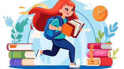 Poster - Happy student girl running holding books and backpack, education concept