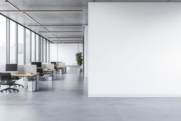 Poster - Modern open office with a large white wall for copy space, bright windows, and minimalist desks, creating a sleek workspace. Ideal for business branding and marketing