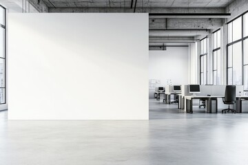 Aufkleber - Modern open office with a large white wall for copy space, industrial ceiling, and minimalist desks, creating a sleek workspace. Ideal for branding, marketing, and business presentations