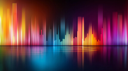Poster - Colorful equalizer reflecting on dark shiny floor with glowing lines and bars