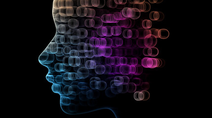 Poster - Human profile forming from colorful digital particles dissolving in the dark