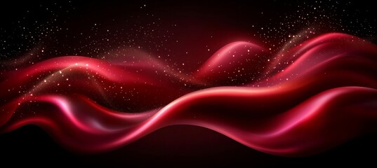 Poster - Abstract Flowing Red Satin Waves With Golden Shimmering Particles On A Dark Background