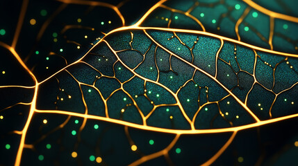 Aufkleber - Golden veins glowing on dark green leaf texture creating an abstract pattern