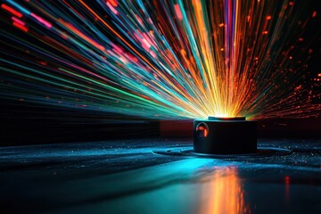 Poster - Scanner captures colorful light beams radiating from a central point against a dark background, moving scanner over black background