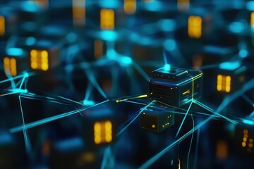 Poster - Animation showing data blocks being collected in a digital network environment, Animation depicting data blocks being shared on a network