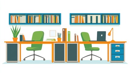 Poster - Two modern office desks, bookshelves, and chairs.  Ideal for productivity